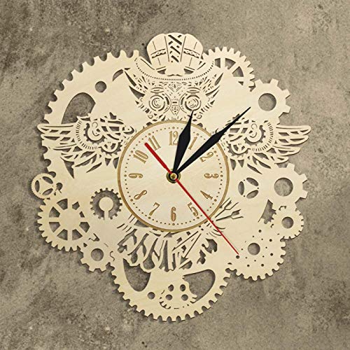 Reloj de Pared de Madera mecánico Steampunk búho mecánico Engranajes Reloj de Pared rústico decoración gótica Vintage búhos con Engranajes Arte geométrico