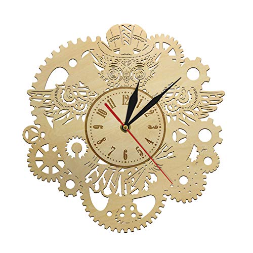 Reloj de Pared de Madera mecánico Steampunk búho mecánico Engranajes Reloj de Pared rústico decoración gótica Vintage búhos con Engranajes Arte geométrico