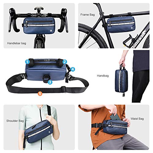 Rhinowalk Bolsa Multifuncional para Manillar de Bicicleta Impermeable Bolsa de Manillar de Bicicletas de Carretera y de Montaña para para Cuadro Superior con Correa de Hombro Desmontable (Azul)