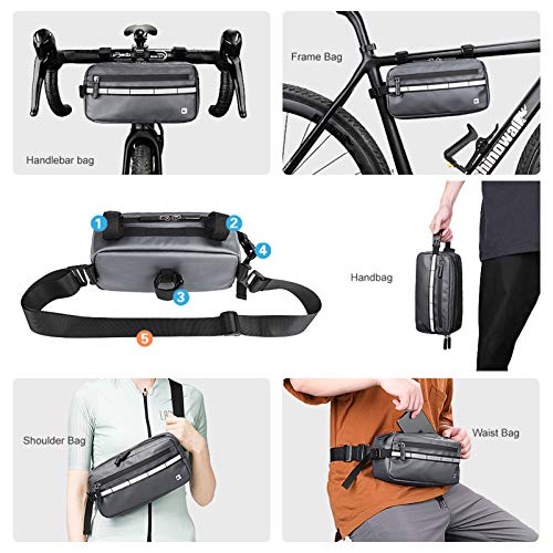 Rhinowalk Bolsa Multifuncional para Manillar de Bicicleta Impermeable Bolsa de Manillar de Bicicletas de Carretera y de Montaña para para Cuadro Superior con Correa de Hombro Desmontable (Gris)