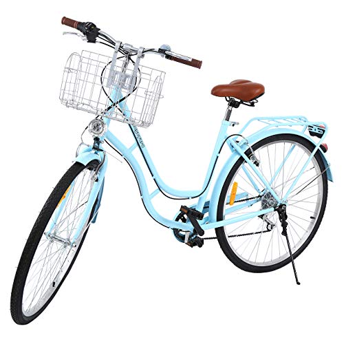 Ridgeyard 28"7 velocidades señoras Ciudad Bicicleta Estilo holandés Bicicleta Deportes al Aire Libre Ciudad Urbana Bicicleta Shopper Bicicleta luz + Cesta + Campana + batería-Powered luz … (Azul)