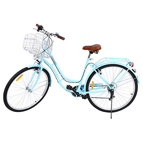 Ridgeyard 28"7 velocidades señoras Ciudad Bicicleta Estilo holandés Bicicleta Deportes al Aire Libre Ciudad Urbana Bicicleta Shopper Bicicleta luz + Cesta + Campana + batería-Powered luz … (Azul)