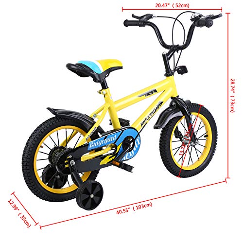 Ridgeyard Bicicleta infantil de 14 pulgadas para niños de equilibrio para aprender a montar a caballo, con ruedas de apoyo con timbre para niños de 3 a 8 años (amarillo)
