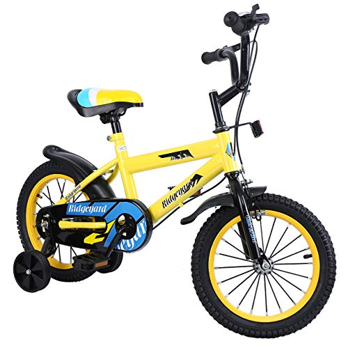 Ridgeyard Bicicleta infantil de 14 pulgadas para niños de equilibrio para aprender a montar a caballo, con ruedas de apoyo con timbre para niños de 3 a 8 años (amarillo)