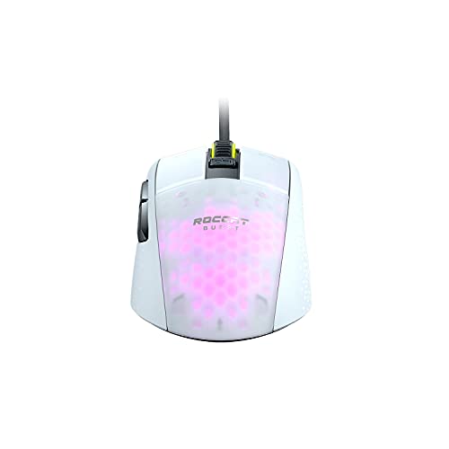 Roccat Burst Pro - Ratón óptico para videojuegos (muy ligero, alta precisión, sensor óptico de ojo de búho (100 a 16.000 ppp), iluminación LED RGB AIMO 68 g, diseño en Alemania), color blanco