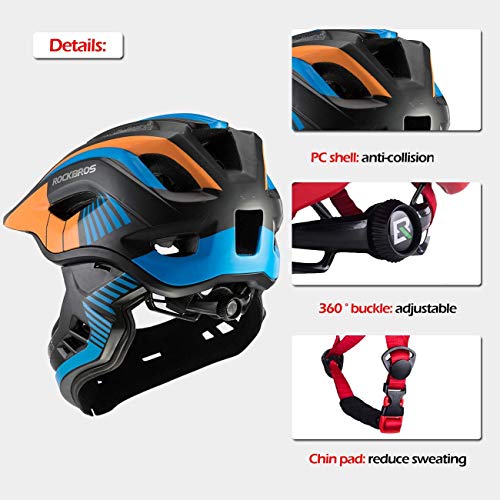 ROCKBROS Casco Integral para Niños de Bicicleta MTB BMX Casco Desmontable Ajustable 48-58CM para 3-15 Años