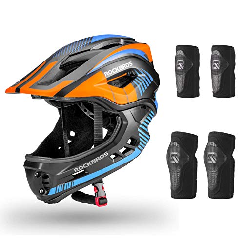 ROCKBROS Casco Integral para Niños de Bicicleta MTB BMX Casco Desmontable Ajustable 48-58CM para 3-15 Años (Casco-S+Rodilleras+Coderas)