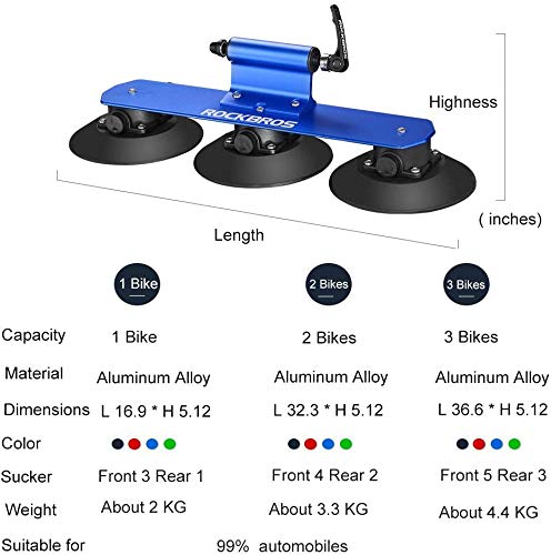 ROCKBROS Portabicicletas Techo de Coche para 1-3 Bicicletas Ventosa Liberación Rápida Soporte de Bici para Viaje, Negro/Rojo