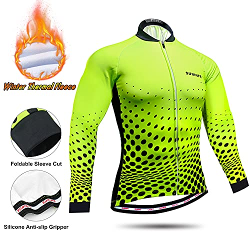 Ropa Ciclismo Invierno Hombre, Maillot Ciclismo Polar Térmico de Manga Larga y Pantalones Largos de Ciclismo Acolchados con Gel de Alta Densidad para Bicicleta de Carretera y MTB, Verde, M