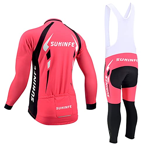 Ropa Ciclismo Invierno Mujer, Maillot Ciclismo Polar Térmico de Manga Larga y Pantalones Largos de Ciclismo Acolchados con Gel de Alta Densidad para Bicicleta de Carretera y MTB, Rojo, S