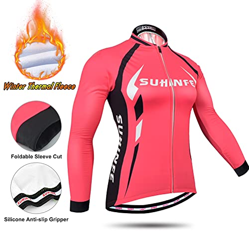 Ropa Ciclismo Invierno Mujer, Maillot Ciclismo Polar Térmico de Manga Larga y Pantalones Largos de Ciclismo Acolchados con Gel de Alta Densidad para Bicicleta de Carretera y MTB, Rojo, S