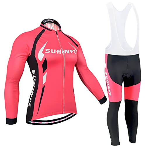 Ropa Ciclismo Invierno Mujer, Maillot Ciclismo Polar Térmico de Manga Larga y Pantalones Largos de Ciclismo Acolchados con Gel de Alta Densidad para Bicicleta de Carretera y MTB, Rojo, S