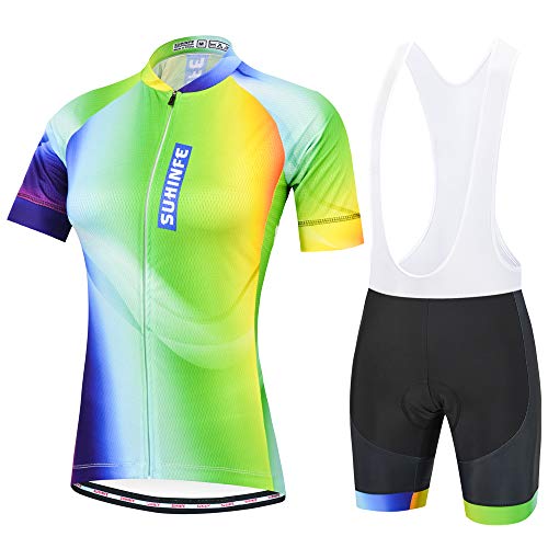 Ropa Ciclismo Mujer Verano, Maillot Ciclismo y culotescon Tira Reflectante y Bolsillos Traseros para MTB, Fluorescente, L