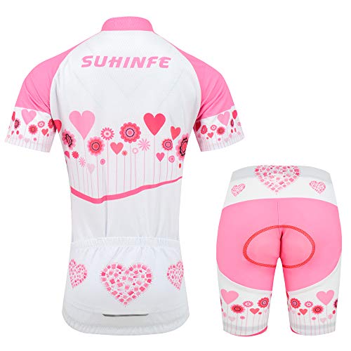 Ropa Ciclismo Niña Verano, Maillot Ciclismo y culotescon Tira Reflectante y Bolsillos Traseros para MTB (2XS, Rosado)