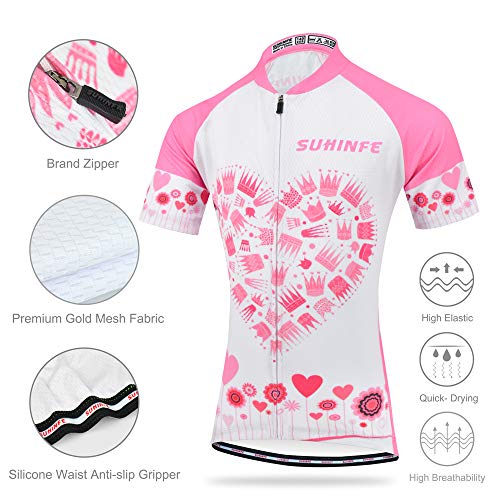 Ropa Ciclismo Niña Verano, Maillot Ciclismo y culotescon Tira Reflectante y Bolsillos Traseros para MTB (2XS, Rosado)