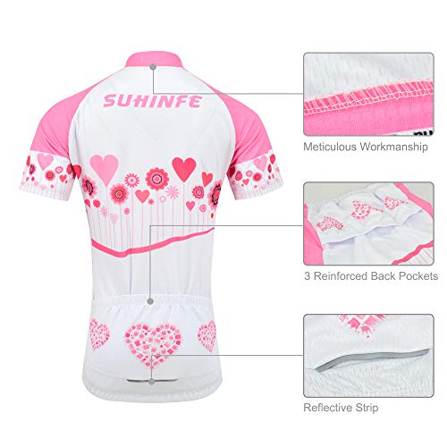 Ropa Ciclismo Niña Verano, Maillot Ciclismo y culotescon Tira Reflectante y Bolsillos Traseros para MTB (2XS, Rosado)