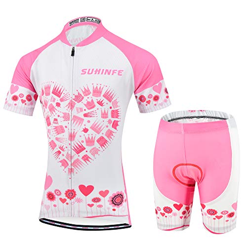 Ropa Ciclismo Niña Verano, Maillot Ciclismo y culotescon Tira Reflectante y Bolsillos Traseros para MTB (2XS, Rosado)