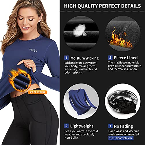 Ropa Interior Térmica Mujer, Camiseta Térmica Mujer Deportes Ropa Interior Funcional Conjuntos Térmicos Termo Invierno Otoño con muy elástica para Running Esquí Montaña Ciclismo Fitness Azul M