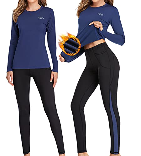 Ropa Interior Térmica Mujer, Camiseta Térmica Mujer Deportes Ropa Interior Funcional Conjuntos Térmicos Termo Invierno Otoño con muy elástica para Running Esquí Montaña Ciclismo Fitness Azul M