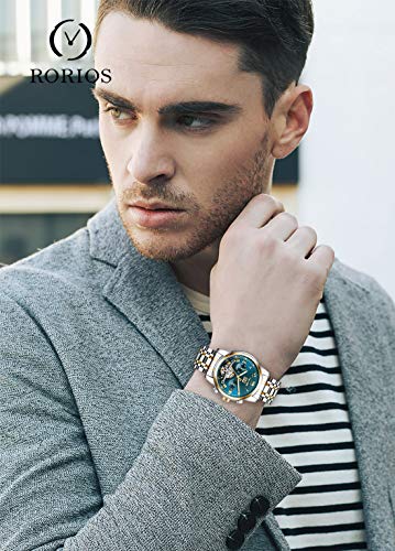 RORIOS Business Hombres Automático Mecánico Tourbillon Relojes de Pulsera Acero Inoxidable Correa Luminoso Puntero Calendario Multifunción