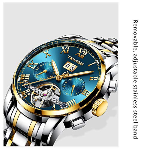 RORIOS Business Hombres Automático Mecánico Tourbillon Relojes de Pulsera Acero Inoxidable Correa Luminoso Puntero Calendario Multifunción