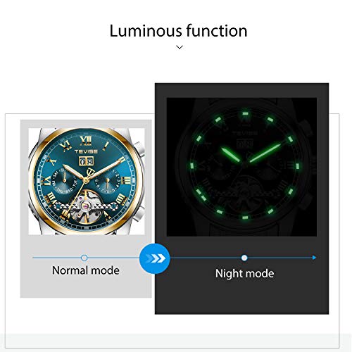 RORIOS Business Hombres Automático Mecánico Tourbillon Relojes de Pulsera Acero Inoxidable Correa Luminoso Puntero Calendario Multifunción