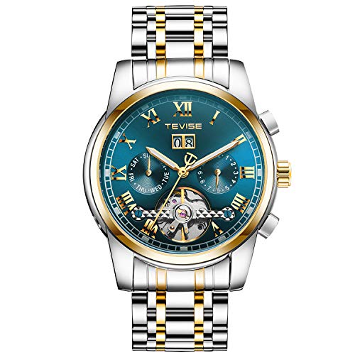 RORIOS Business Hombres Automático Mecánico Tourbillon Relojes de Pulsera Acero Inoxidable Correa Luminoso Puntero Calendario Multifunción