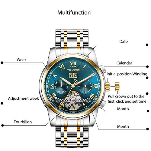 RORIOS Business Hombres Automático Mecánico Tourbillon Relojes de Pulsera Acero Inoxidable Correa Luminoso Puntero Calendario Multifunción