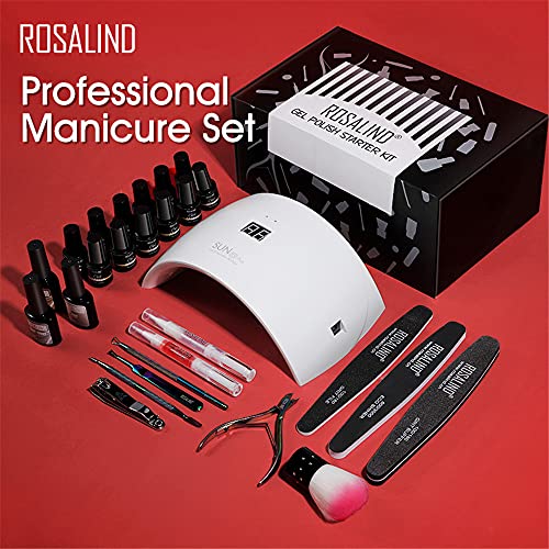 ROSALIND kit uñas semipermanentes Lámpara UV LED para Uñas 36w, Completo Esmaltes Semipermanentes Kit Profesional Gel 12 Colores y 10ml Base Top Matte Gel Manicura Pedicura Kit