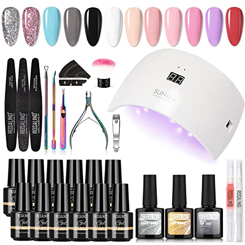 ROSALIND kit uñas semipermanentes Lámpara UV LED para Uñas 36w, Completo Esmaltes Semipermanentes Kit Profesional Gel 12 Colores y 10ml Base Top Matte Gel Manicura Pedicura Kit