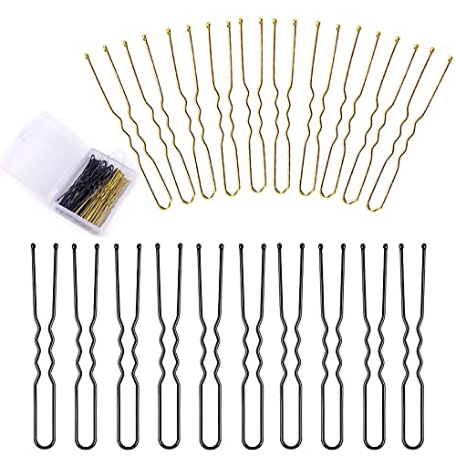 Rpanle 50 Piezas Horquilla Pelo, Horquillas de Clips, Horquillas en Forma de U, Horquillas Onduladas con Caja de Almacenamiento Transparente (Dorado y Negro)