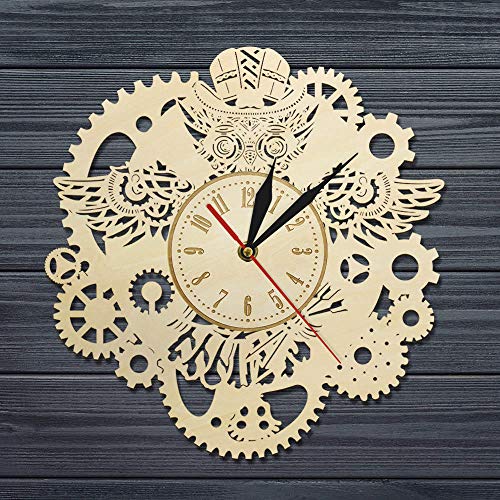 rrff Steampunk Reloj de Pared mecánico de Madera Reloj mecánico de Madera para búho Engranajes mecánicos Reloj de Pared rústico Vintage Gótico Decorativo Búhos con Arte de Engranajes