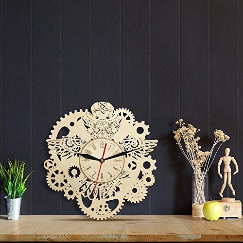 rrff Steampunk Reloj de Pared mecánico de Madera Reloj mecánico de Madera para búho Engranajes mecánicos Reloj de Pared rústico Vintage Gótico Decorativo Búhos con Arte de Engranajes