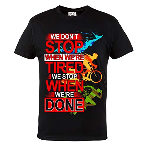 Rule Out Ropa Deportiva. Triathlon. We Stop When We're Done. Swim. Moto. Ejecutar. Hierro Hombre Hombre Informal Camiseta - Negro, Grande