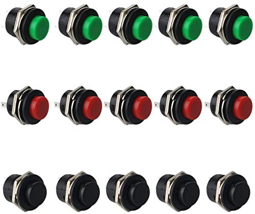 RUNCCI-YUN 15Pcs SPST interruptor a pulsador redondo, 12V del interruptor pulsador momentáneo,Lockless Botón interruptor(16mm AC 6A/125V 3A/250V)