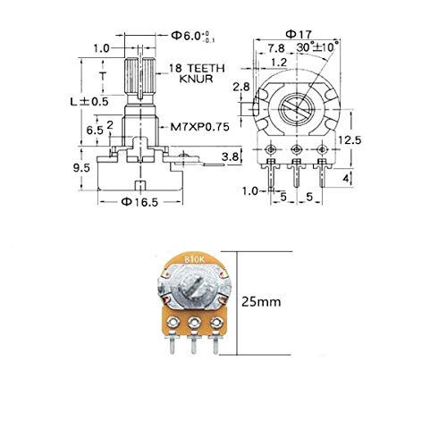 RUNCCI-YUN 20Pcs Lineal Cónico Rotativo Potenciómetro Kit, 3 Terminales B-Tipo Estéreo Audio Potenciómetro con Perilla, (B5K B10K B20K B50K B100K Ohm)