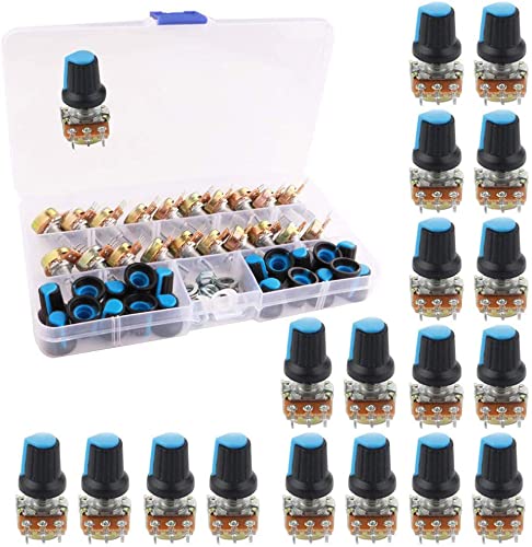 RUNCCI-YUN 20Pcs Rotativo Potenciómetro Kit, 3 Terminales B-Tipo Estéreo Audio Potenciómetro con Perilla, para Arduino (potenciometro 10k)