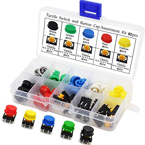 RUNCCI-YUN 80pcs 12 x 12 x 7.3 mm interruptor de botón táctil，micro interruptor，Interruptor táctil momentáneo，con 5 colores Ronda Tapa，Utilizado para PCB