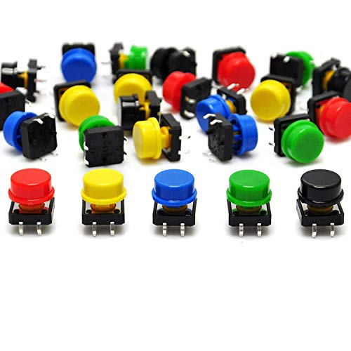 RUNCCI-YUN 80pcs 12 x 12 x 7.3 mm interruptor de botón táctil，micro interruptor，Interruptor táctil momentáneo，con 5 colores Ronda Tapa，Utilizado para PCB