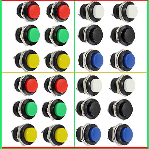 RUNCCI-YUN Interruptor de botón pulsador 24 piezas encendido/apagado momentáneo interruptor de encendido rojo verde azul amarillo blanco negro redondo capac 6 A/125 V 3 A/250 V