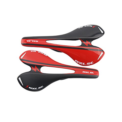 RXL SL Sillín de Carbono Bicicleta Ultraligera Amortiguador Bici Carreras Ciclismo Rojo (3K Lustroso)