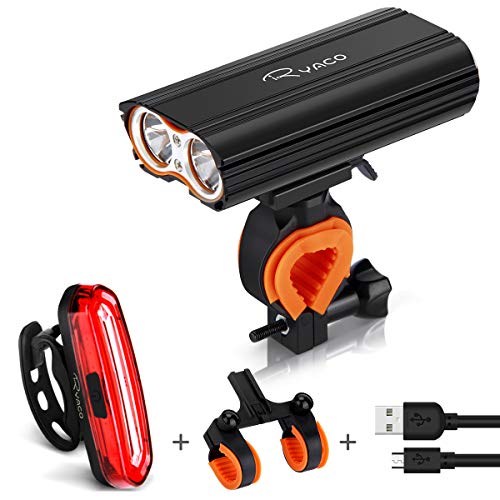 Ryaco Luz Bicicleta Recargable USB, 4 Modos 2400 Lúmenes IP65 Impermeable, Linterna Bicicleta con Luz Bicicleta Delantera y Trasera, Luz LED Bicicleta para Carretera y Montaña