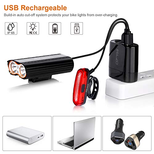 Ryaco Luz Bicicleta Recargable USB, 4 Modos 2400 Lúmenes IP65 Impermeable, Linterna Bicicleta con Luz Bicicleta Delantera y Trasera, Luz LED Bicicleta para Carretera y Montaña