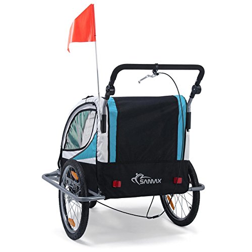 SAMAX Remolque de Bicicleta para Niños 360° girable Kit de Footing Transportín Silla Cochecito Carro Suspensíon Infantil Carro en Azul - Silver Frame