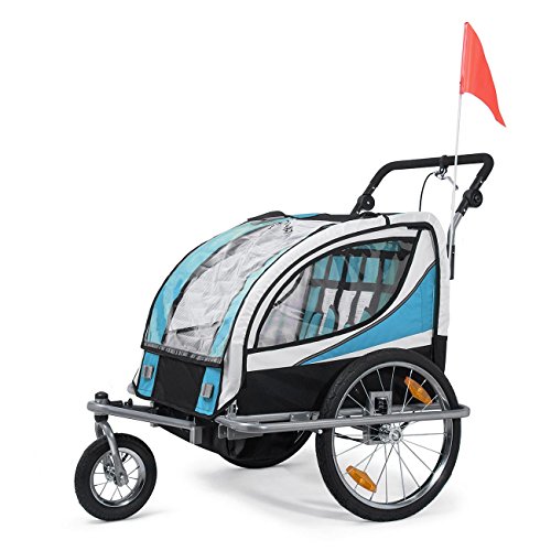 SAMAX Remolque de Bicicleta para Niños 360° girable Kit de Footing Transportín Silla Cochecito Carro Suspensíon Infantil Carro en Azul - Silver Frame