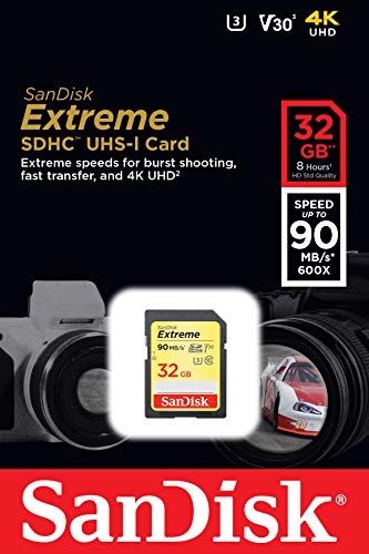 SanDisk Extreme 32GB SDHC Memory Card up to 90MB/s, Class 10, U3, V30
