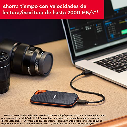 SanDisk Extreme PRO SSD portátil de 1 TB - NVMe, USB-C, cifrado por hardware, hasta 2000MB/s, resistente al agua y al polvo