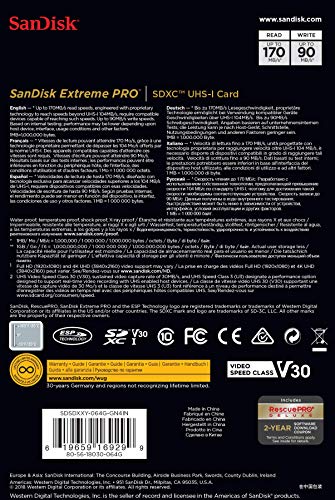 SanDisk Extreme PRO - Tarjeta de Memoria SDXC de 64 GB, hasta 170 MB/s, UHS-I, Class 10, U3,V30