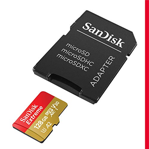 SanDisk Extreme - Tarjeta de memoria microSDXC de 128 GB con adaptador SD, A2, hasta 160 MB/s, Class 10, U3 y V30