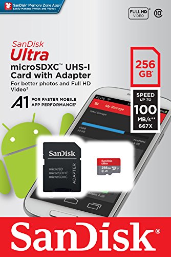 SanDisk Ultra Tarjeta de memoria microSDXC con adaptador SD, hasta 100 MB/s, rendimiento de apps A1, Clase 10, U1, 256 GB, Gris y Rojo